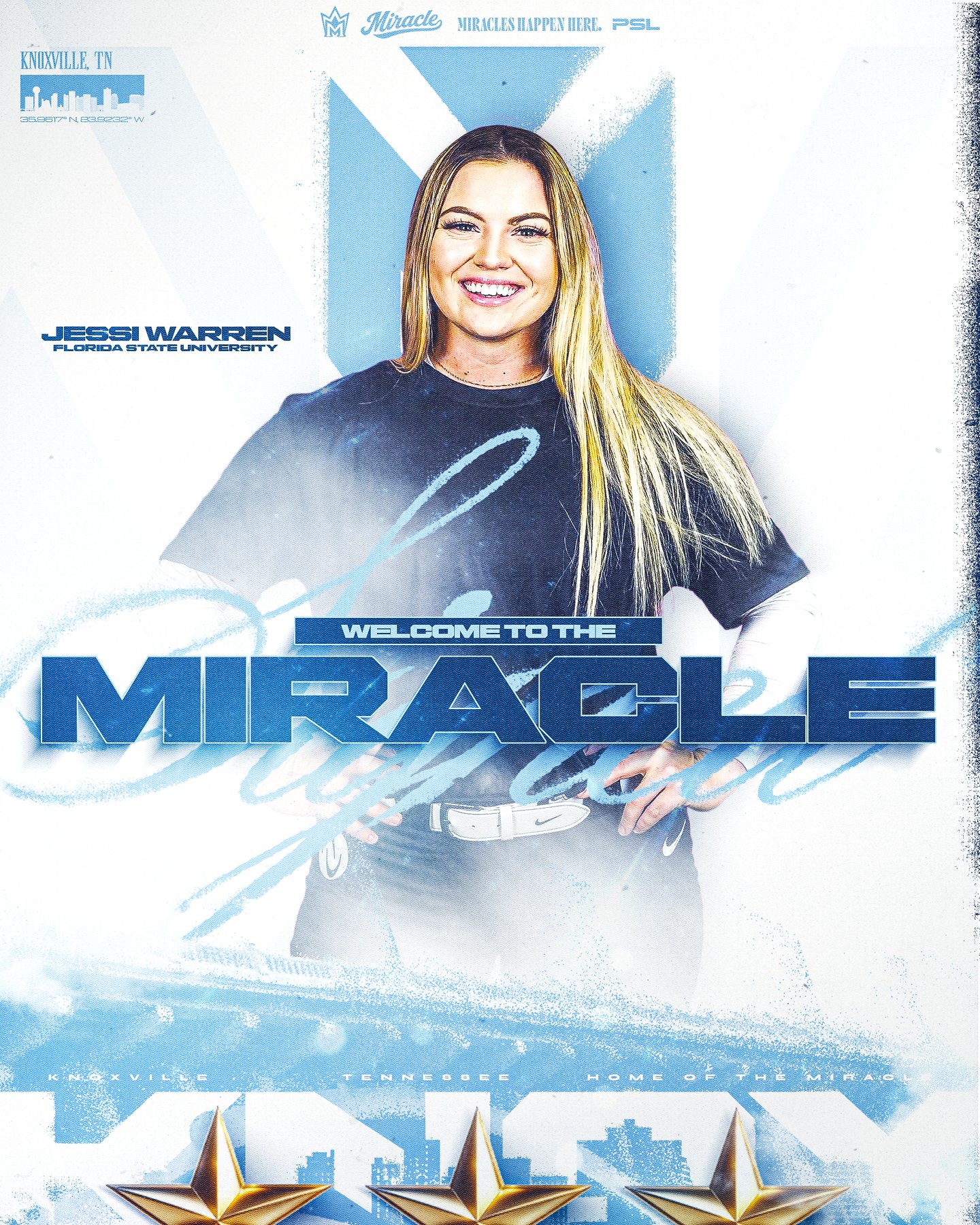 Official Knoxville Miracle signing announcement graphic featuring Jessi Warren